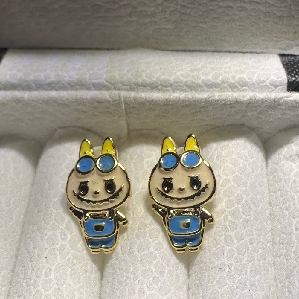 14K Gold Labubu Monster Overalls Theme Enameled Stud Character Earrings Kawaii